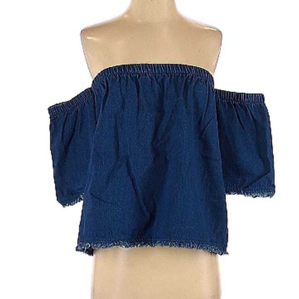 NWT J.O.A. Chambray Frayed Denim Off the Shoulder Crop Top XS